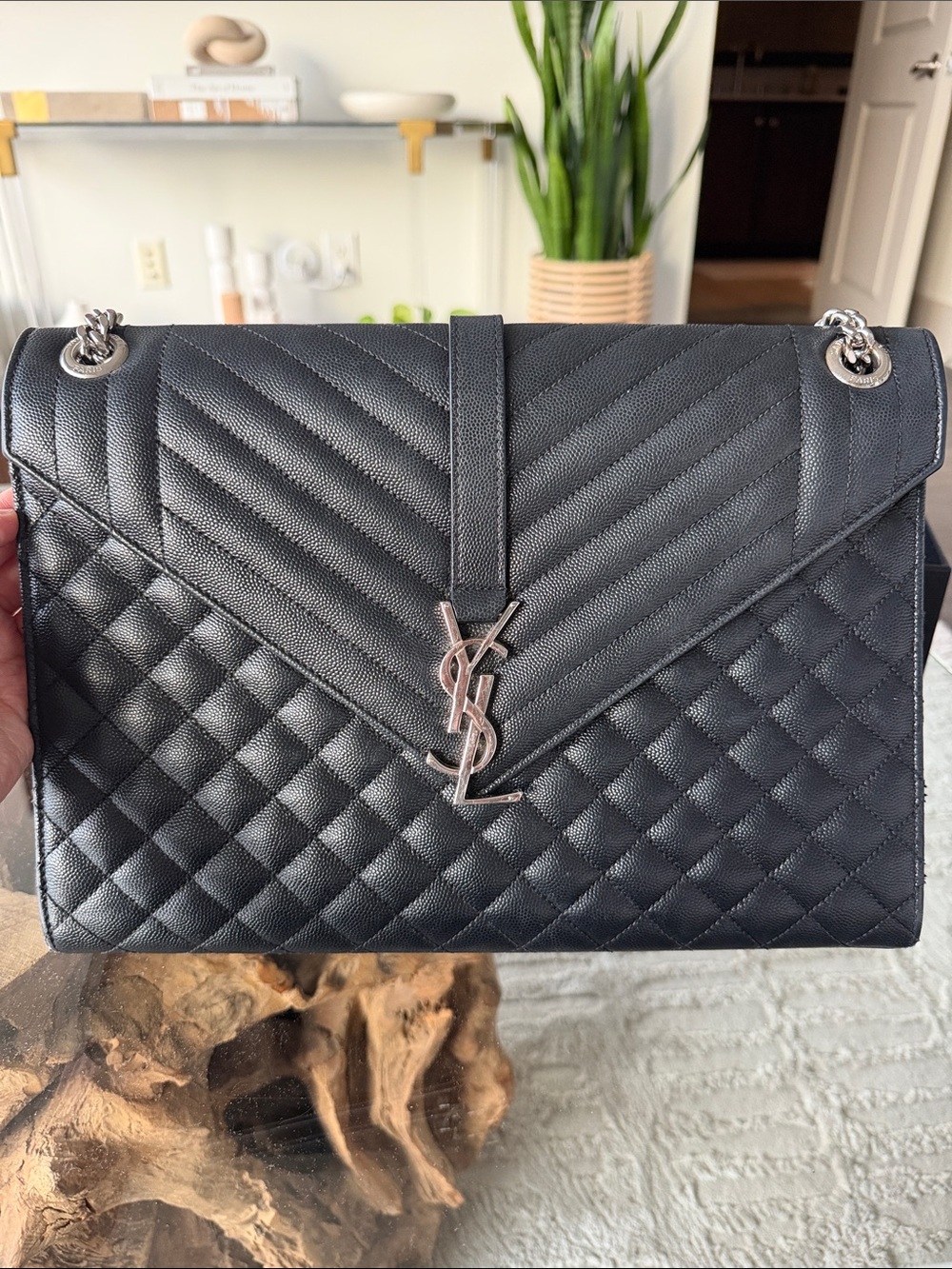 Large Saint Laurent Quilted Black Chevron-and-Diamond Shoulder Bag w/ YSL Logo